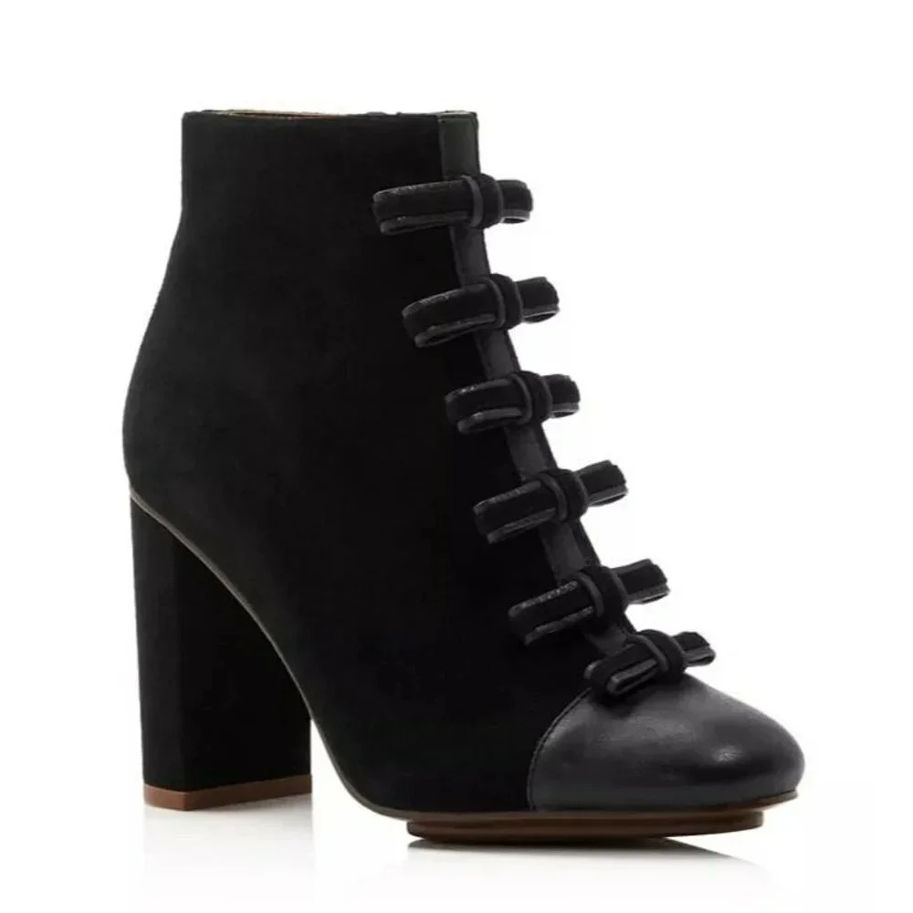 See By Chloe Gisele Black Bow Almond Toe Suede Heel Boots Size 36.5 (MSRP $445)